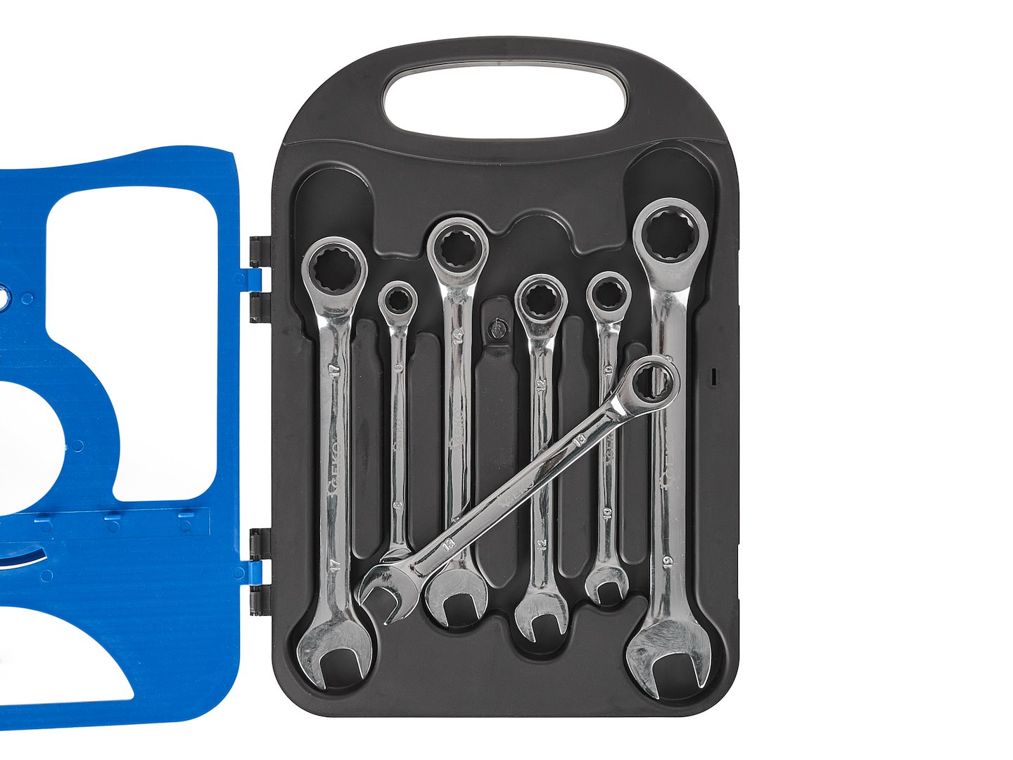 7 Delni Set viličasto-obročnih ratchet ključev z ragljo 8-19mm 2 Sedemdelni set viličasto-obročnih ključev z ragljo 8-19 mm
