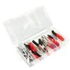Set of 28 crocodile clips for electrical connections and testing.