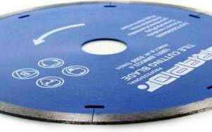 a circular blue blade with white text