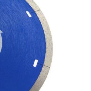 a circular saw blade with a blue and silver design