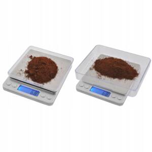 Digitalna prenosna LCD žepna tehtnica 2000-0,1g osvetljena 39 a pair of scales with brown powder in them
