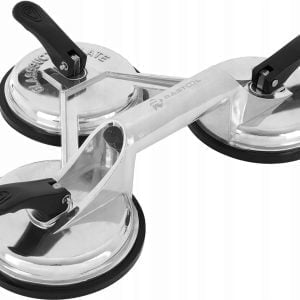 a metal suction cup with black handles