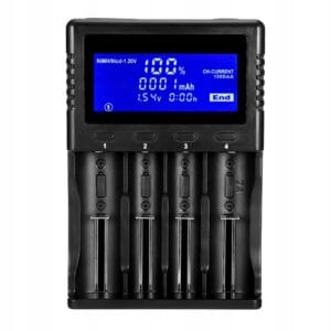a black battery charger with a display