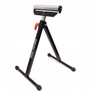 a black and silver stand with a red handle