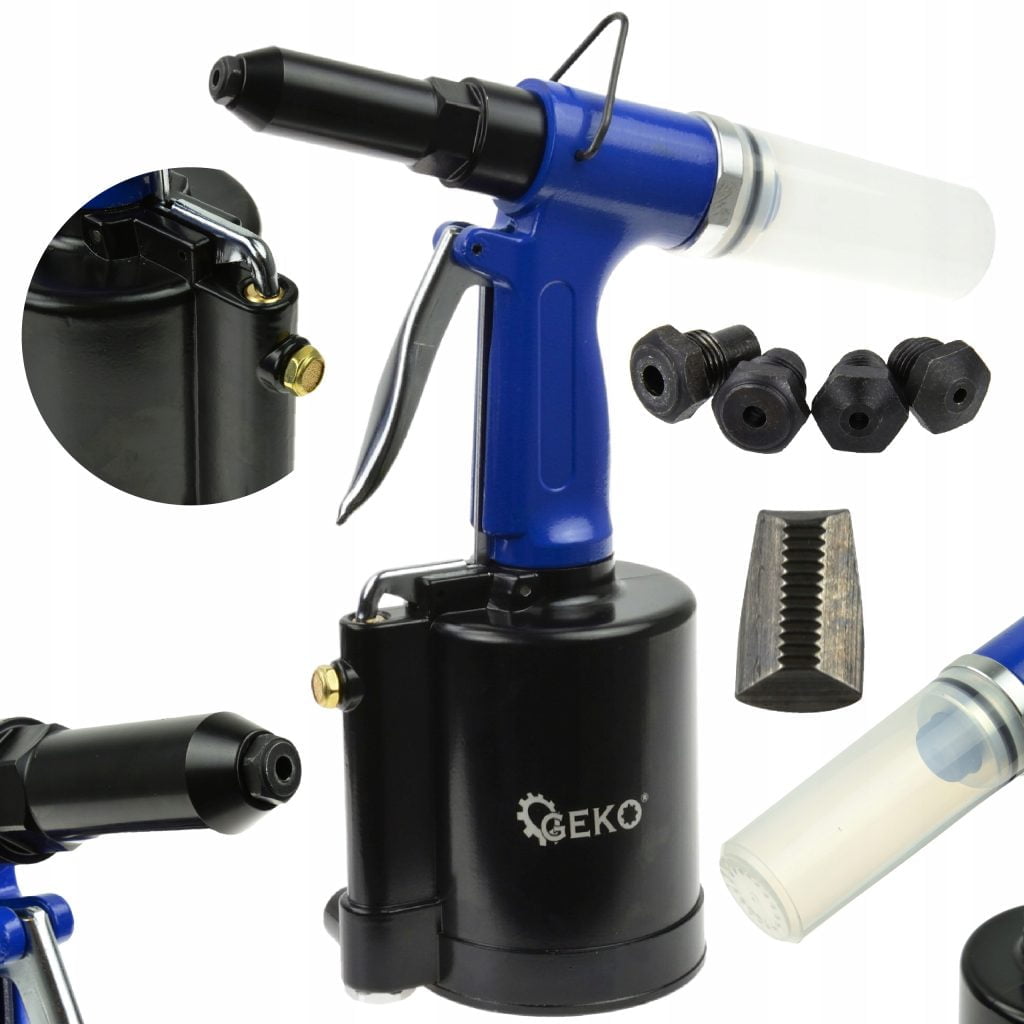 a collage of a blue and black tool