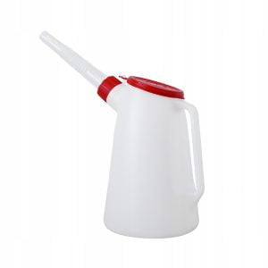 a white and red plastic watering can