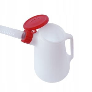 a white jug with a red lid