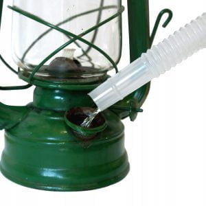 a green lantern with a clear tube pouring water into it