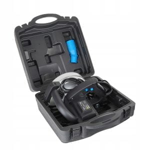 a black and blue headphones in a black case
