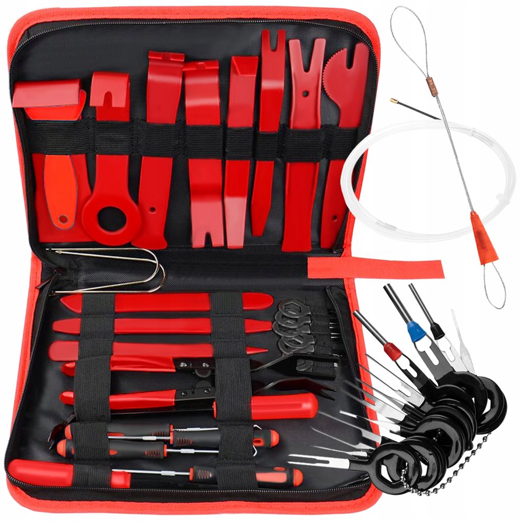 a red tool kit with many tools