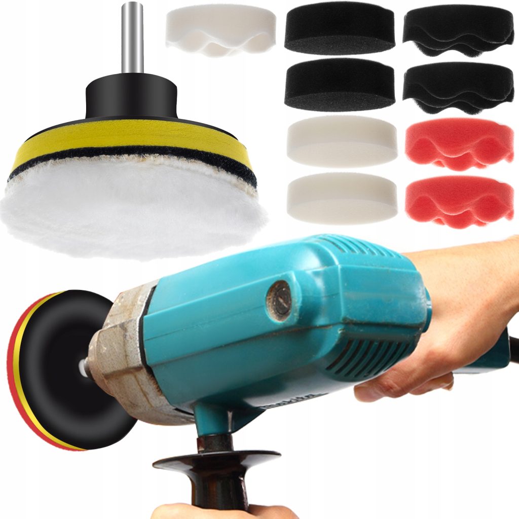 a hand holding a blue power tool with a yellow and black sponges