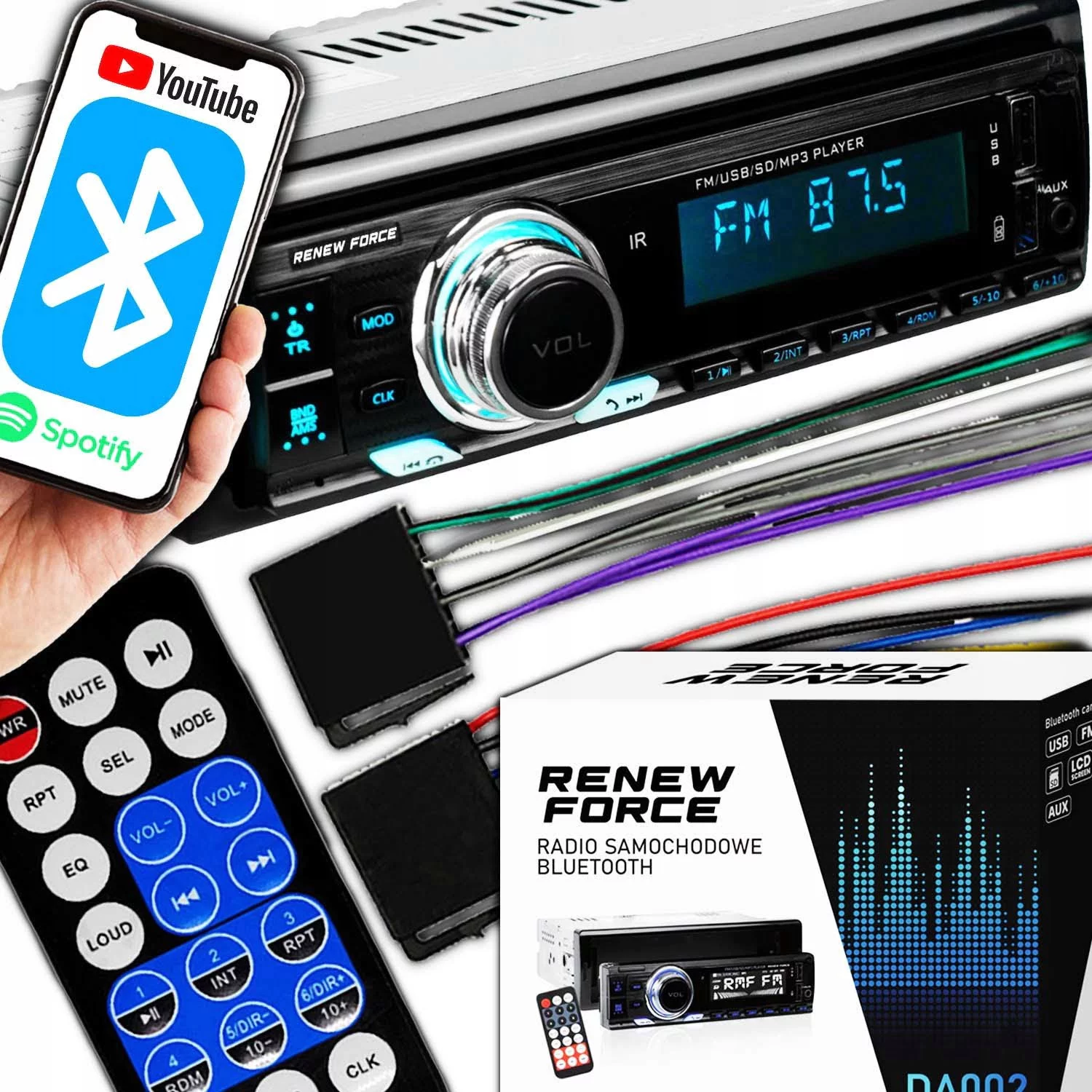 1DIN 12V LCD FM Autoradio 4x55W 2x USB Bluetooth SD + Fernbedienung RENEW FORCE SALE