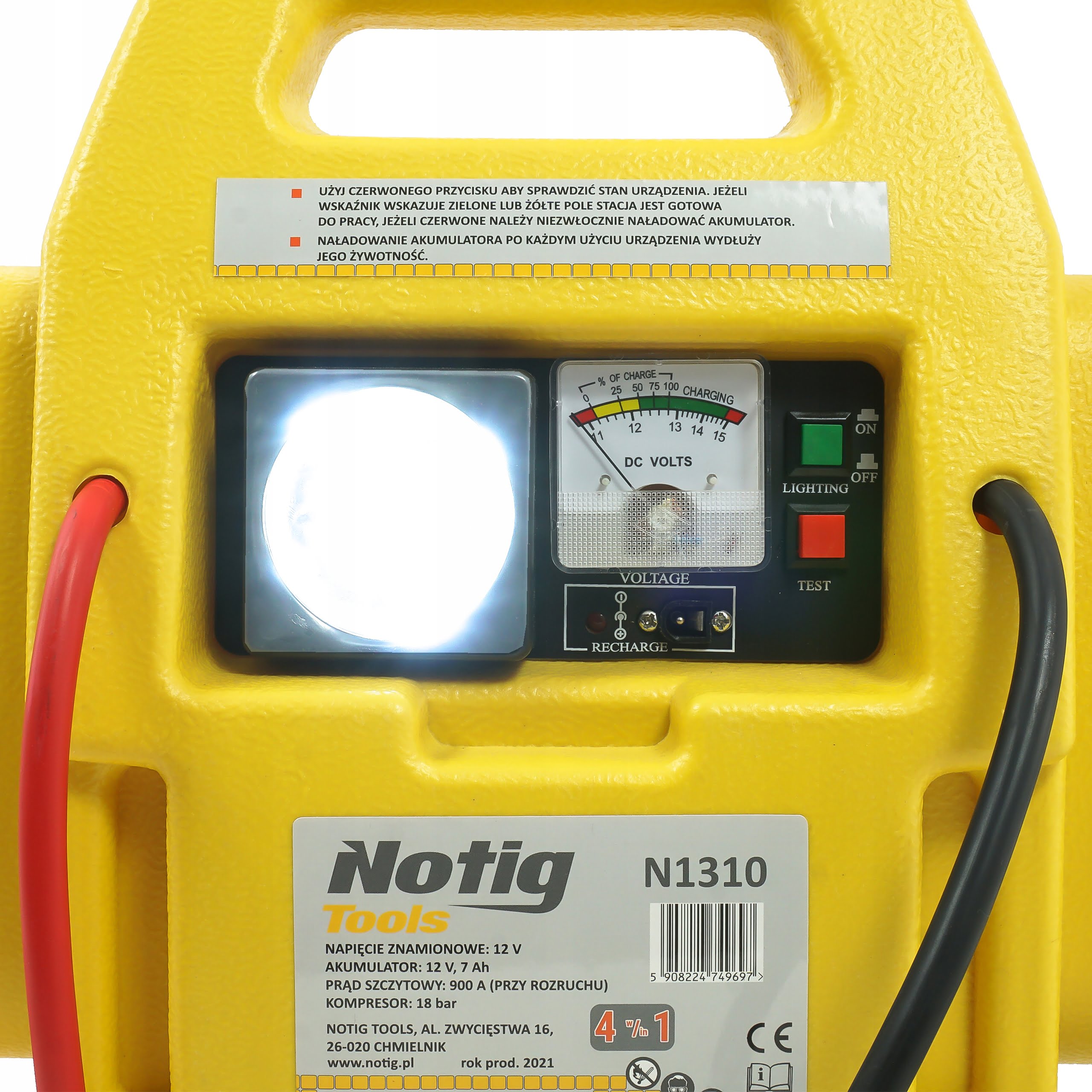 4v1 LED 12V booster 900A zaganjalec Jump Starter polnilec in kompresor 9 a yellow tool with a light on it