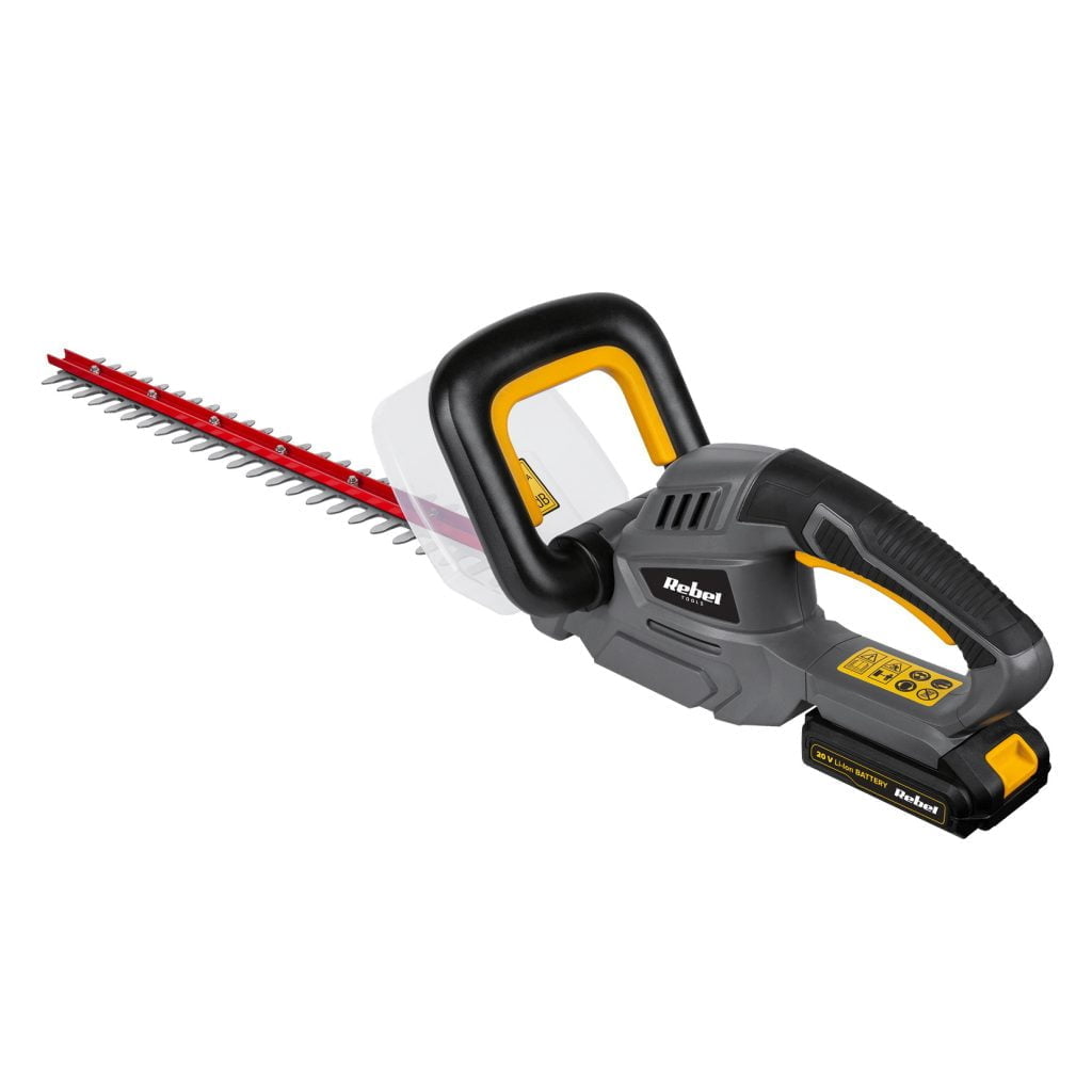 a black and yellow electric hedge trimmer