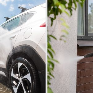 a car washing with a high pressure water gun