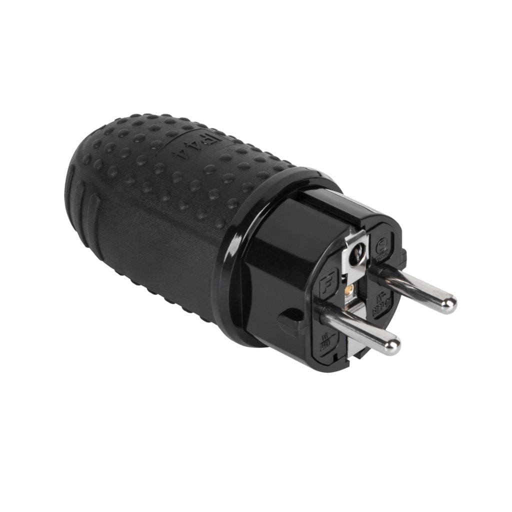 a black plug with silver metal plugs