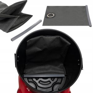 a black and red bucket with a black bag