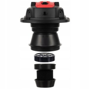 a black and red camera lens