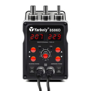2v1 700W spajkalna postaja na vroči zrak LCD in 60W spajkalnik do 500°C 11 a black device with red buttons and dials