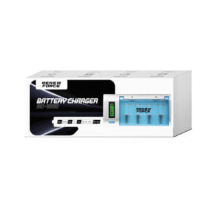 a white box with a blue and black battery charger