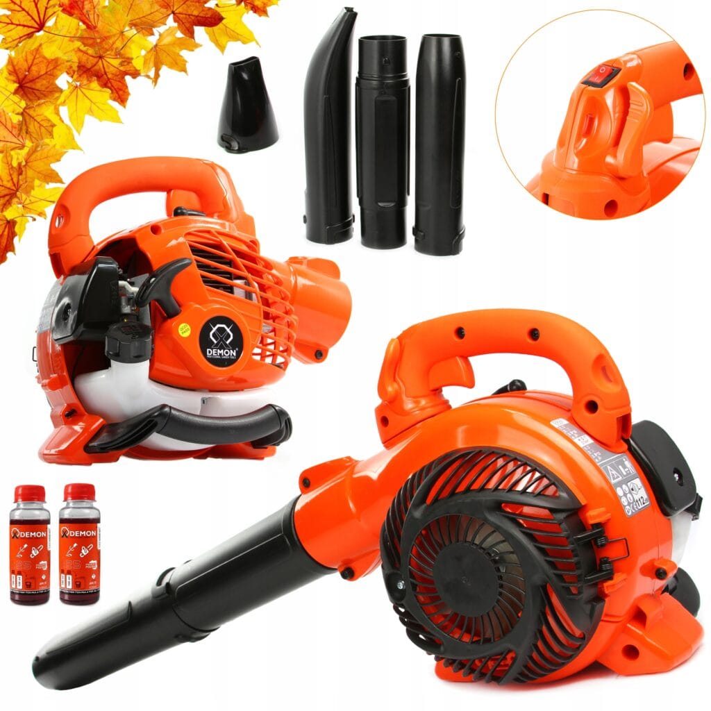 a leaf blower with a black and orange handle