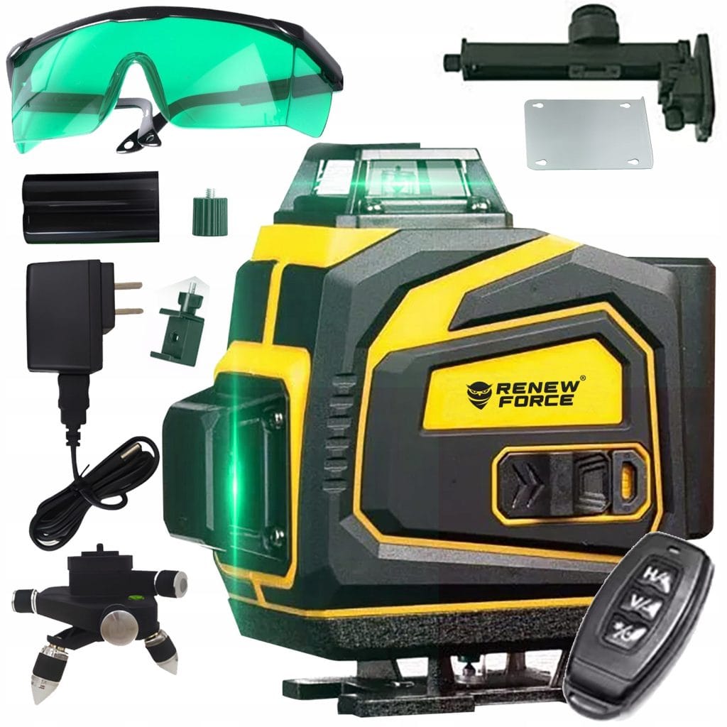 a black and yellow laser level with green lenses