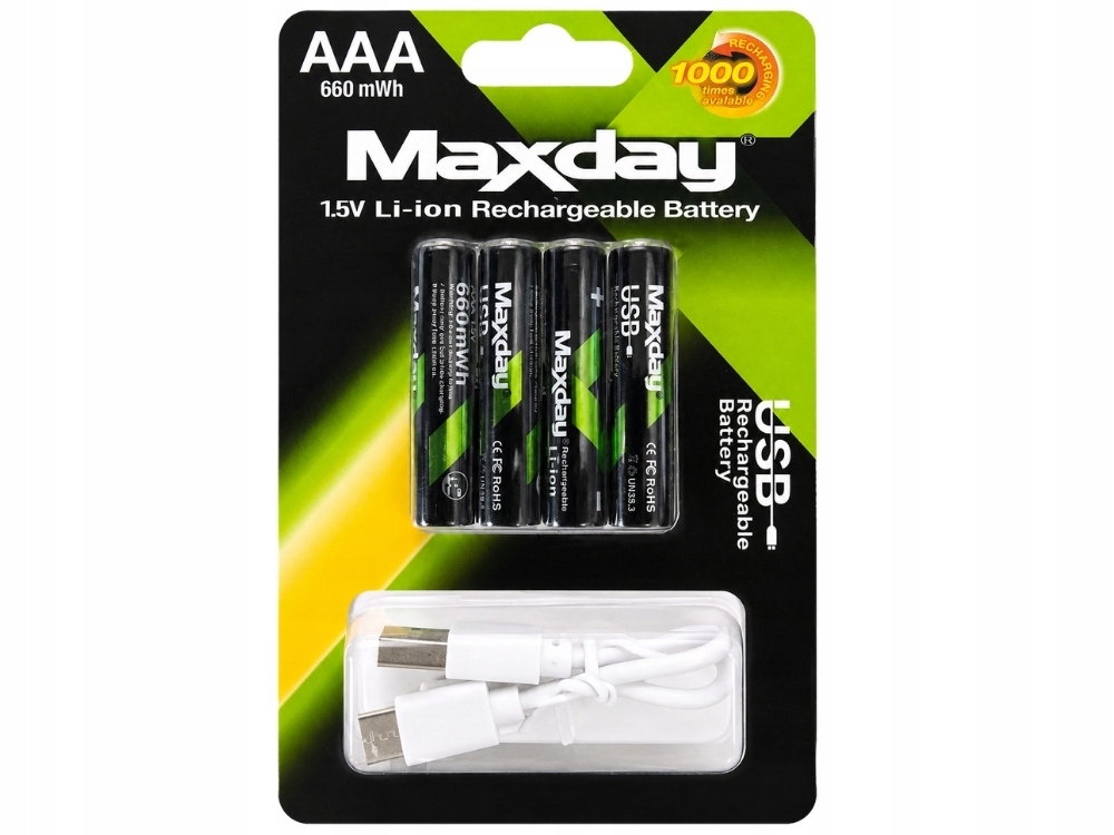 4x samopolnilna akumulatorska baterija AAA li-ion 440mAh USB-C 7 Štiri samopolnilne AAA li-ion baterije s priloženim polnilnim kablom USB-C