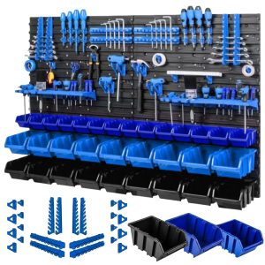 HALOorodje.si 346 Modularni 78-delni stenski organizator orodja PVC nameščen na steni delavnice