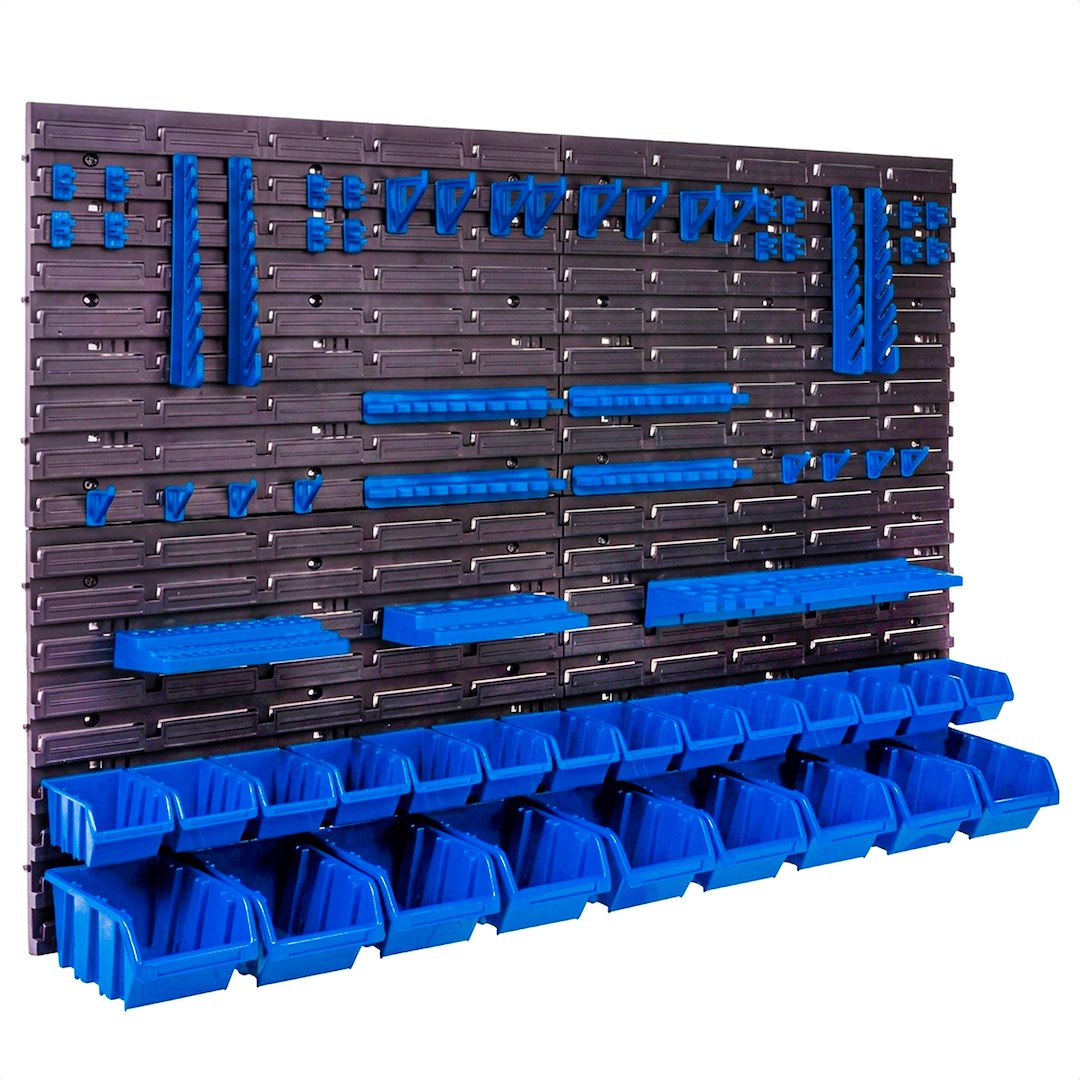 Modularni 69 delni stenski organizator orodja PVC 1152x780mm 2 Modularni stenski organizator orodja iz sive in rdeče plastike na steni
