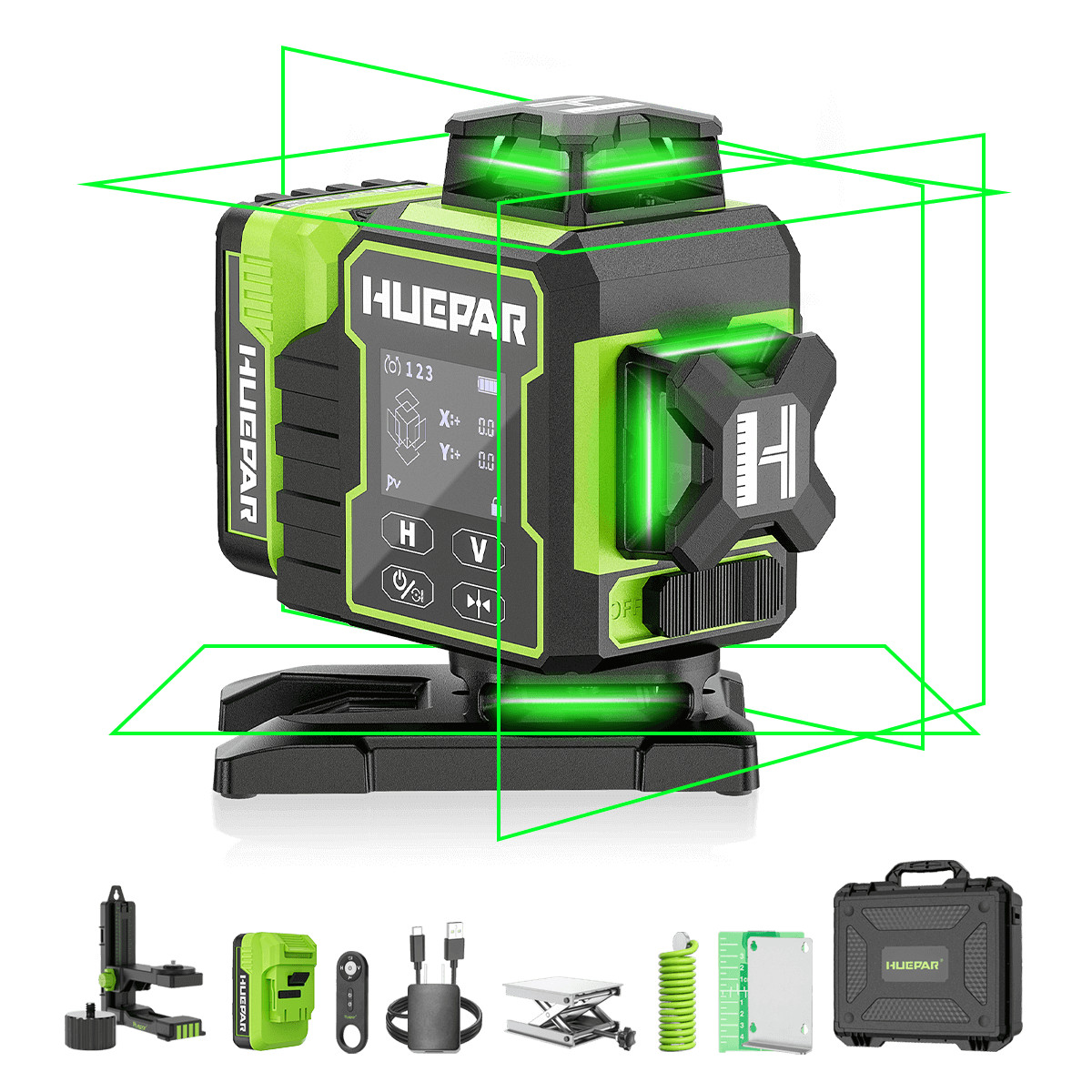 PRO 2600mAh 16 linijski zeleni laserski nivelir BT daljinec samovrtljiv W04CG 13 Zeleni 16-linijski laserski nivelir s stativom in dodatno opremo v kovčku